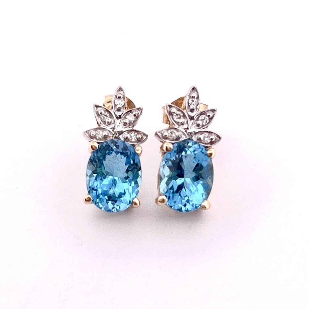 14k Solid Yellow Gold Diamonds and Blue Topaz Earrings Studs